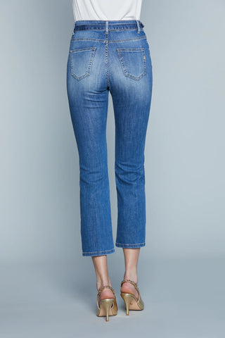 Jeans donna LACORUNA vita alta capri svasati alla caviglia lavaggio blu medio vintage con cintura e fibbia logo carta da zucchero Relish