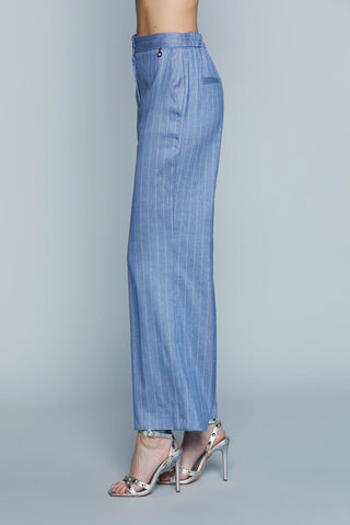 Pantaloni donna Relish CASTELLA gessati in lino e viscosa con elastico in vita
