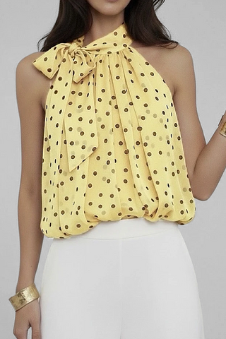 Top donna PILAR smanicato a pois con fiocco al collo in misto viscosa