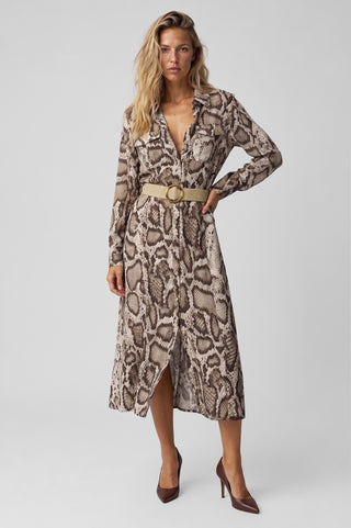 Abito midi TANIA chemisier elegante con stampa pitonata e cintura elastica