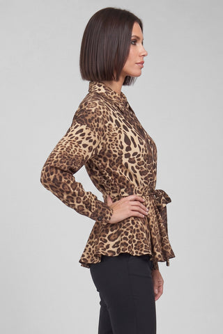Camicia donna ASIA leopardata e svasata con cintura in vita e volant