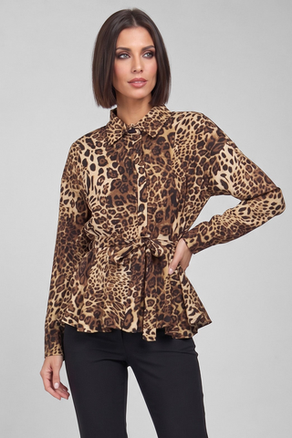 Camicia donna ASIA leopardata e svasata con cintura in vita e volant
