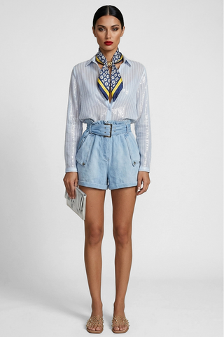Shorts donna Relish ELCHE denim vita alta arricciata con cintura integrata - immagine 6