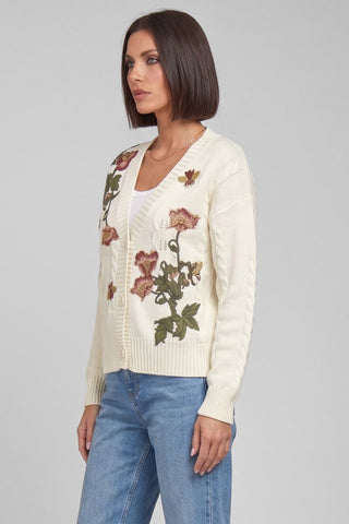 Cardigan donna FLORA panna con ricami floreali scollo V