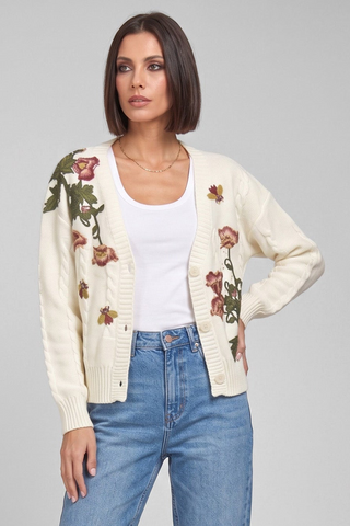 Cardigan donna FLORA panna con ricami floreali scollo V