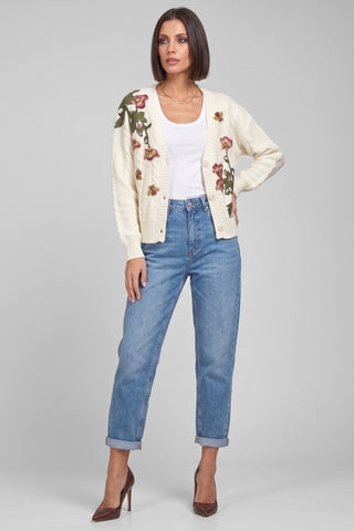 Cardigan donna FLORA panna con ricami floreali scollo V