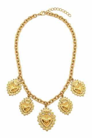 Collana donna HEARTS catena spessa con cinque ciondoli cuore sacro barocco in acciaio dorato Emily