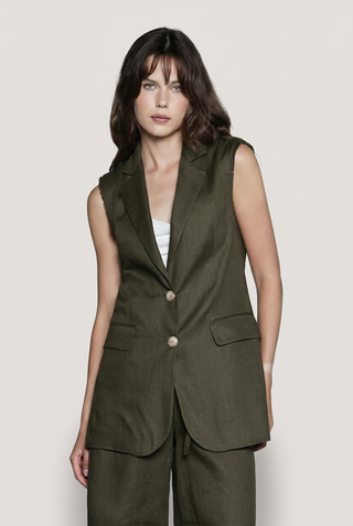 Gilet donna Relish BERTIU in lino lungo taglio maschile con revers - immagine 8