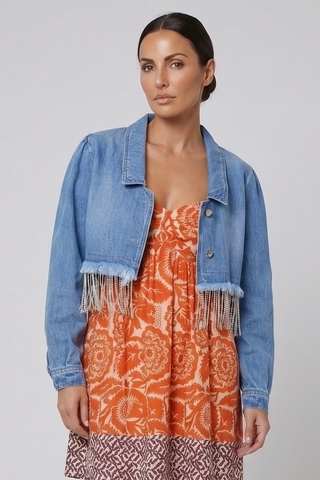 Giacca corta donna NAOKO Relish denim con fondo sfrangiato e catene strass sh