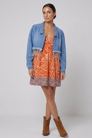 Giacca corta donna NAOKO Relish denim con fondo sfrangiato e catene strass sh - immagine 6