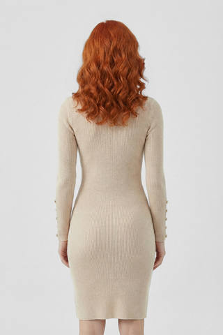 LAVIOLLE short ribbed knit turtleneck dress with gold buttons s/m