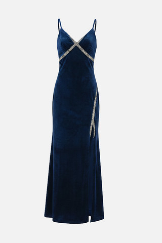 Abito lungo ORLEANS in velluto con strass e spacco alto