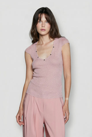 Maglia donna Relish APOFILLITE viscosa manica corta in lurex a costine scollo a V - immagine 2