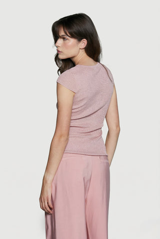 Maglia donna Relish APOFILLITE viscosa manica corta in lurex a costine scollo a V - immagine 4
