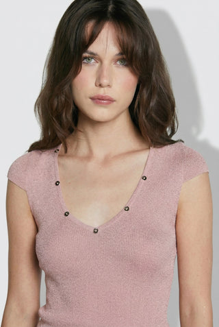 Maglia donna Relish APOFILLITE viscosa manica corta in lurex a costine scollo a V - immagine 6