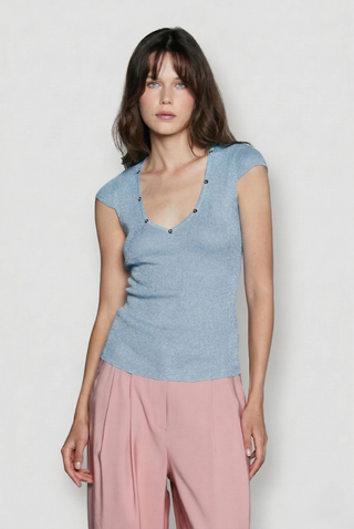 Maglia donna Relish APOFILLITE viscosa manica corta in lurex a costine scollo a V - immagine 7