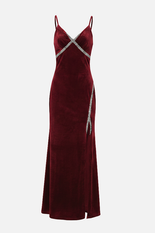 Abito lungo ORLEANS in velluto con strass e spacco alto