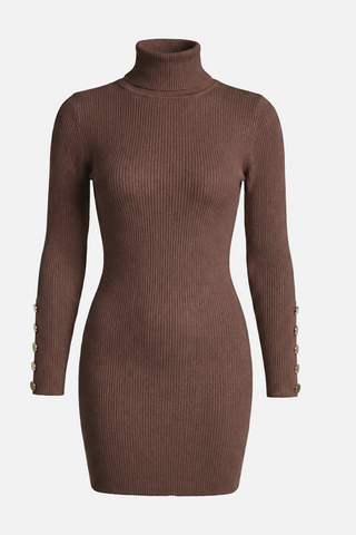 LAVIOLLE short ribbed knit turtleneck dress with gold buttons s/m