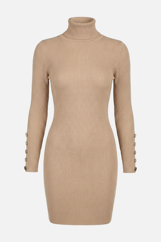 LAVIOLLE short ribbed knit turtleneck dress with gold buttons s/m
