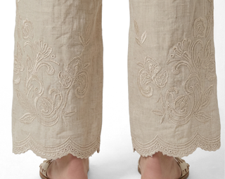 Pantaloni donna PAPILLON gamba larga in lino e cotone vita alta con ricami sul fondo ed elastico posteriore beige chiaro J&H