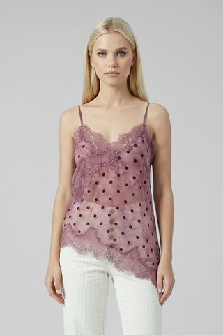 CHERISETTE asymmetrical lace and polka dot top