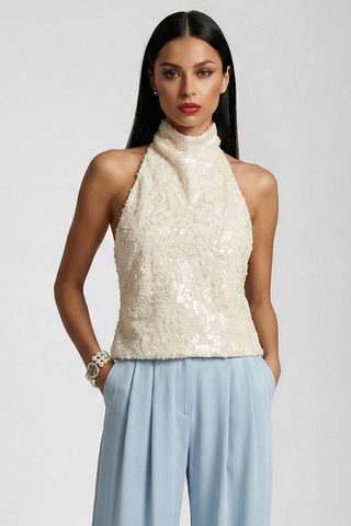 Top FLORIANE in tessuto ricamato e micro paillettes