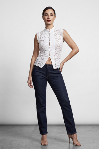 Camicia donna NOOR smanicata con alamari in pizzo colletto alla coreana cotone e viscosa