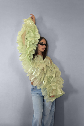 Blusa BUTTERFLY irridiscente con balze misto cotone