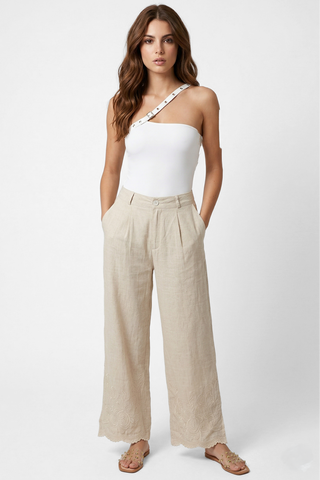 Pantaloni donna PAPILLON gamba larga in lino e cotone elastico in vita - immagine 3
