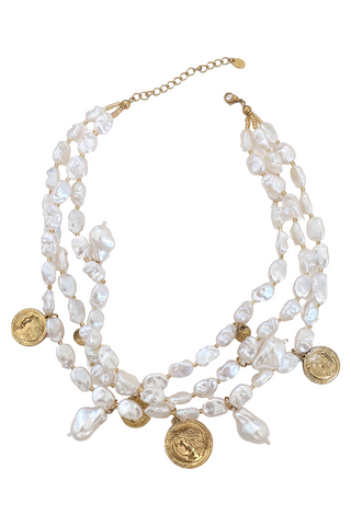 Collana donna PRALINE con perle intermezzi dorati e ciondoli moneta in acciaio
