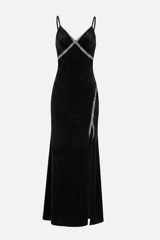 Abito lungo ORLEANS in velluto con strass e spacco alto
