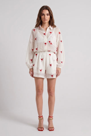Coordinato CATERINE completo di camicia e shorts con fiori ricamati in viscosa - immagine 3