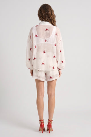 Coordinato CATERINE completo di camicia e shorts con fiori ricamati in viscosa - immagine 4