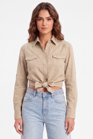 Camicia donna crop SIMON con nodo in vita e ricami Gaudì