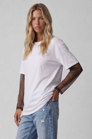 T-shirt donna ELY oversize in cotone con maniche leopardate trasparenti