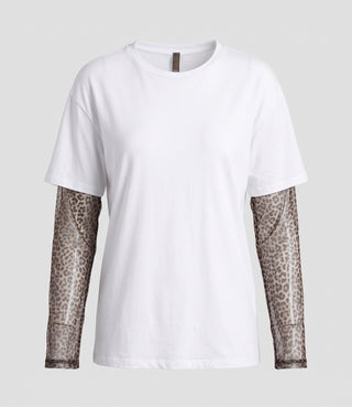 T-shirt donna ELY oversize in cotone con maniche leopardate trasparenti