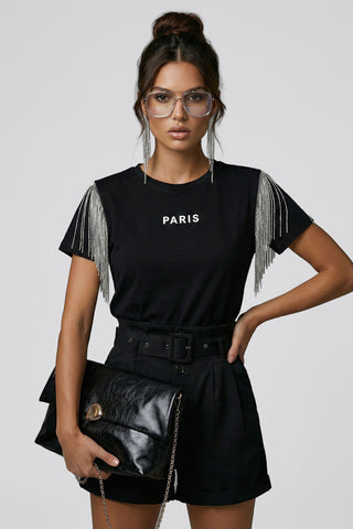 T-shirt in cotone LOU con frange di micro paillettes