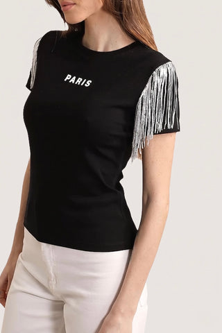 T-shirt in cotone LOU con frange di micro paillettes - immagine 5