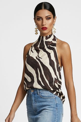 Top donna VOYAGE asimmetrico in fantasia zebrata con scollo a drappeggio