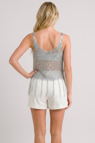 Top donna FILIPA maglia traforata bretelle sottili in lurex paillettes e frange - immagine 4