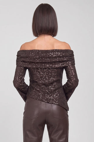 Maglia donna NATTY bardot  in paillettes maniche svasate orlo asimmetrico